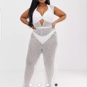 ASOS Curve Webbed Lace Jersey Beach Jumpsuit/Coverup w/ Plunge Neck